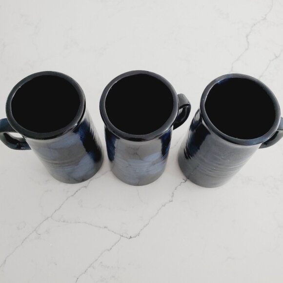 Vintage Handmade Blue Glaze Pottery Set X3 Mugs Farmhouse Boho Stoneware - Picture 3 of 7